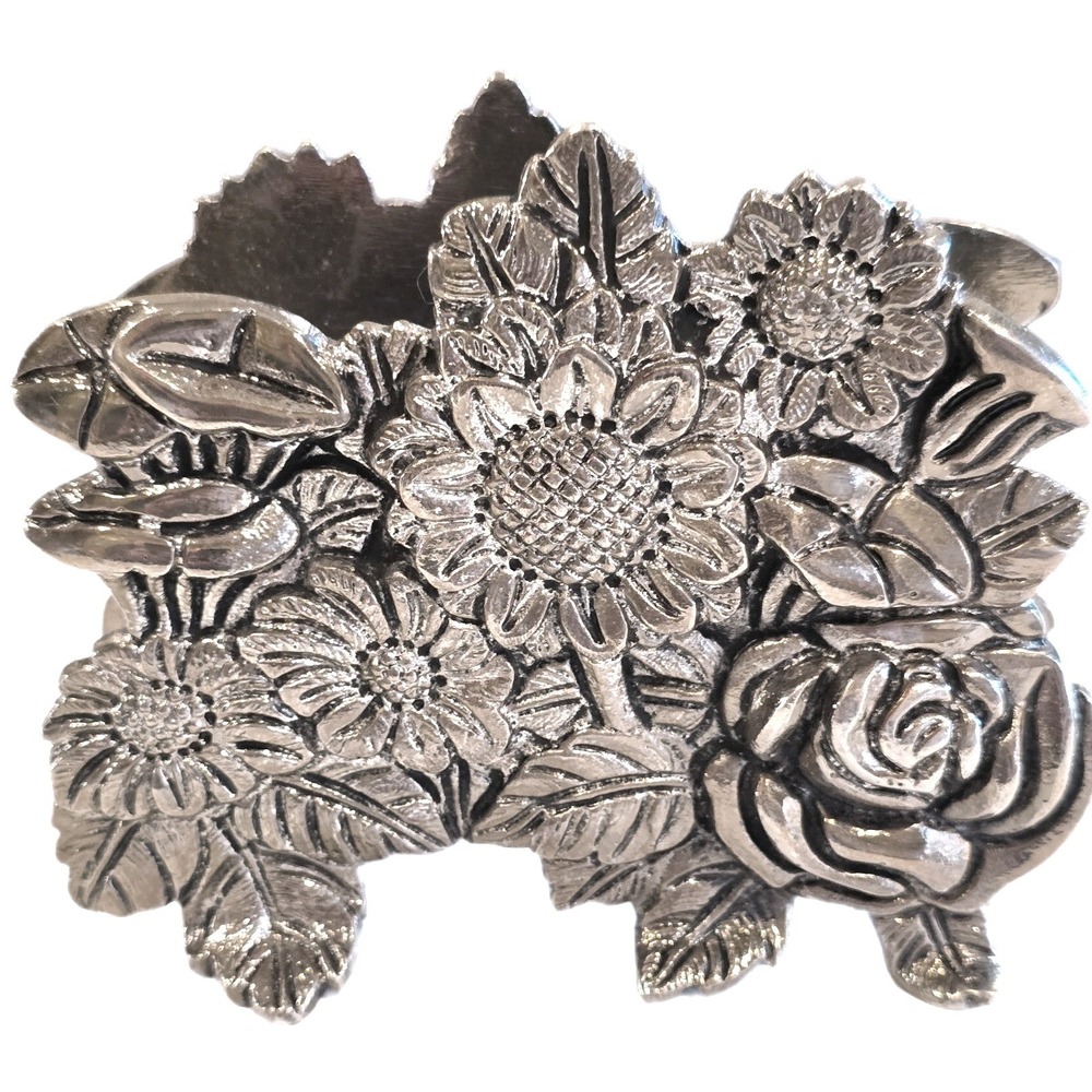 VTG Ornate Silver Plated Napkin Holder Floral Sunflower Rose Heavy Cast Metal